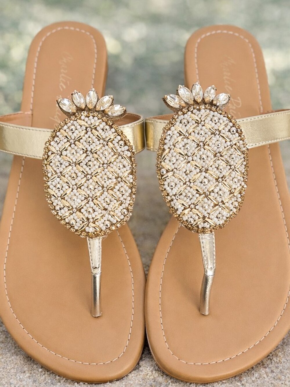 Gold Pineapple Sandals Beaded Thong Flats Tropical Resort Style Beach NWOT
